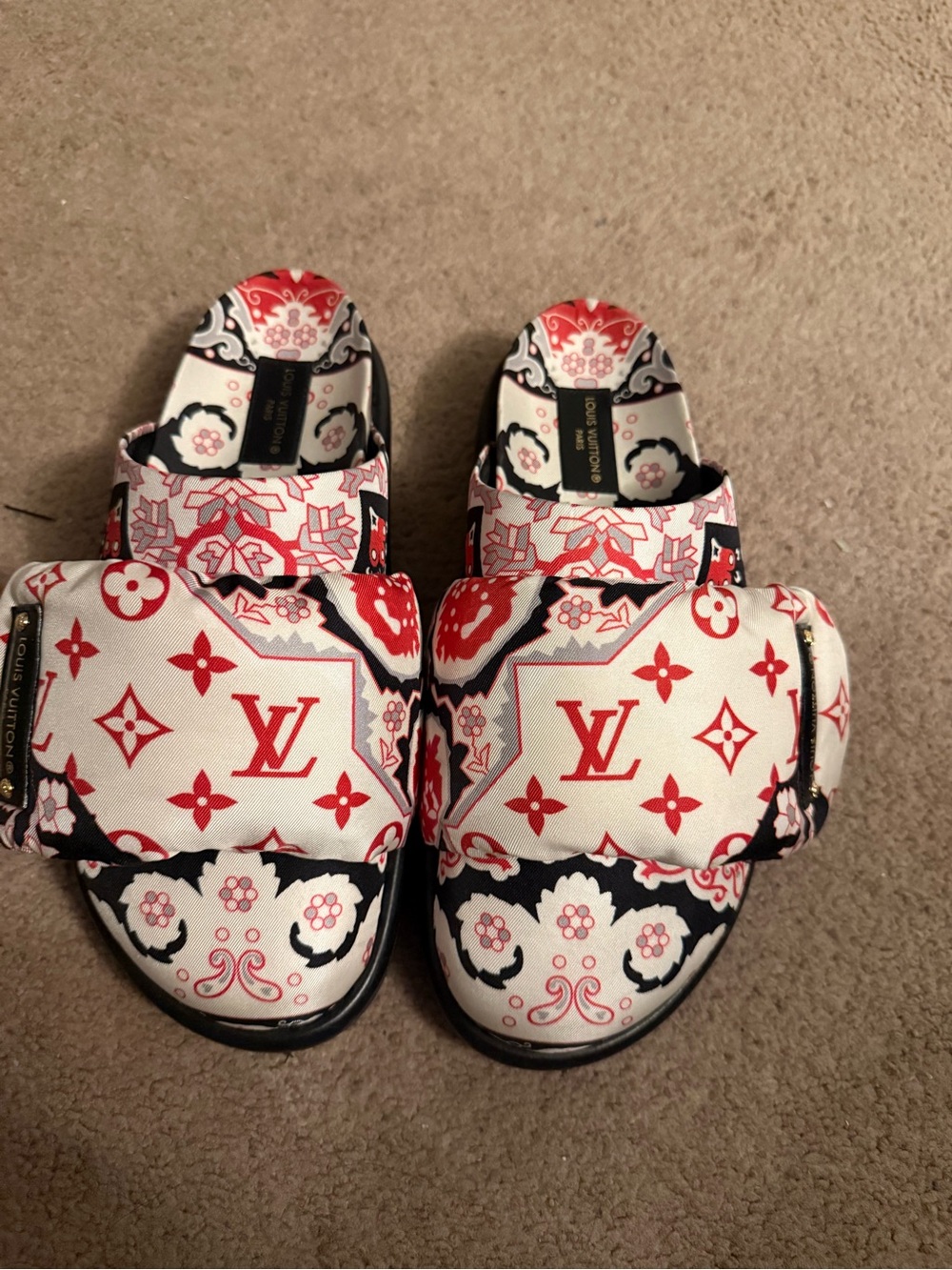 Louis Vuitton White & Red Monogram Bandana Pattern Slides PILLOW SLIDES